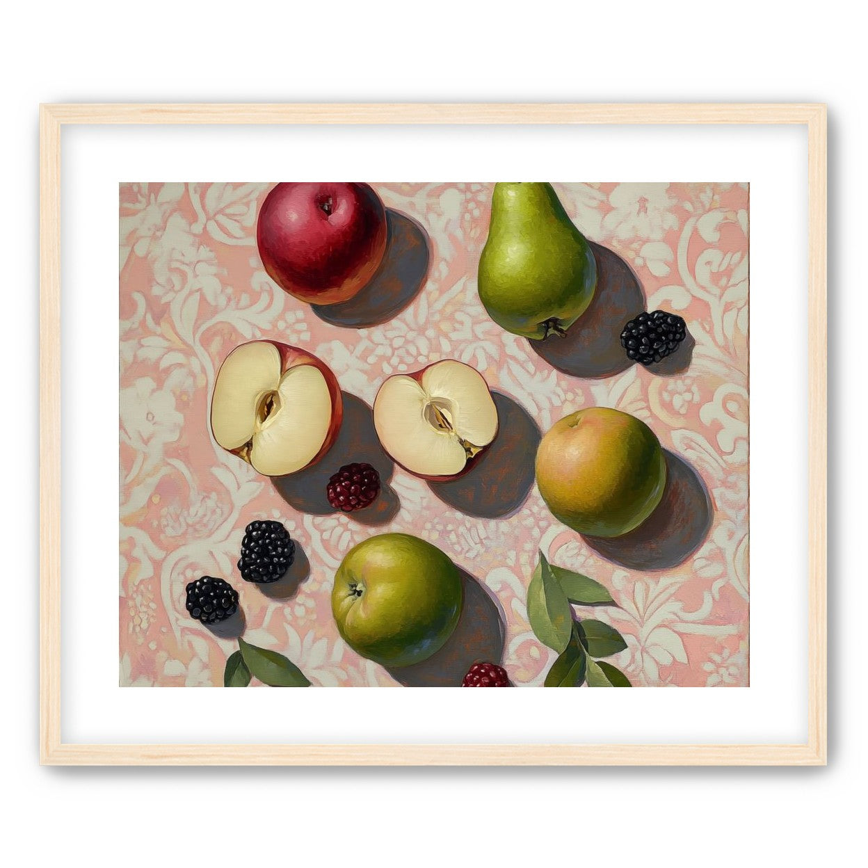 Apples, Pear, and Berries on Floral Fabric