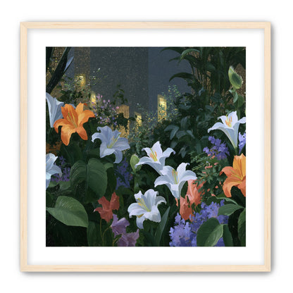 Lit windows beyond the lilies
