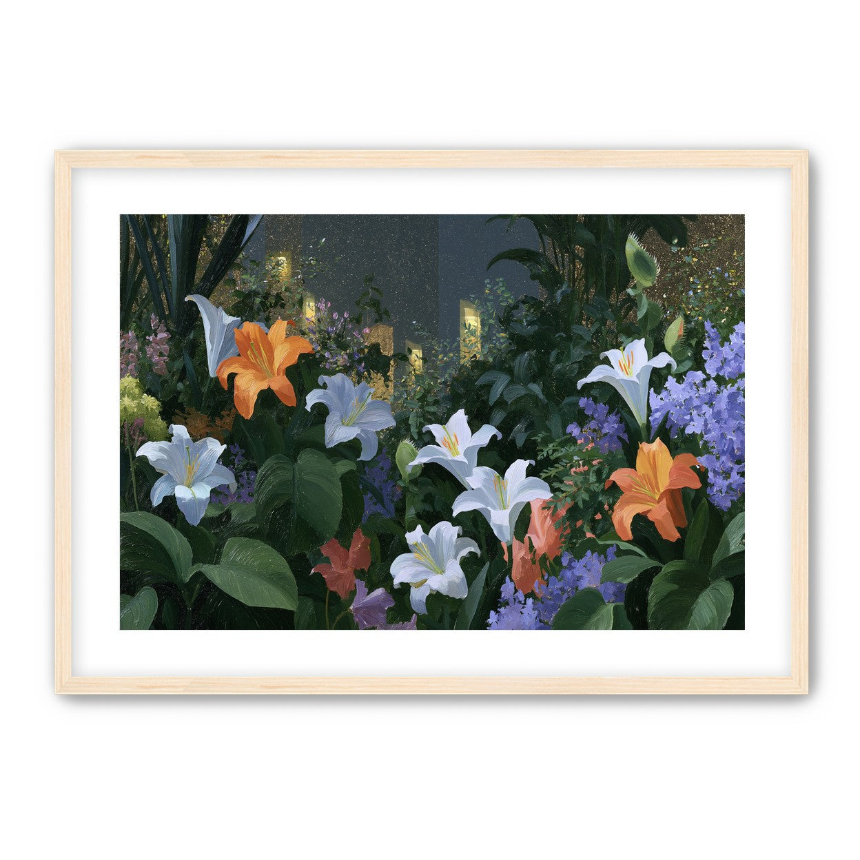 Lit windows beyond the lilies