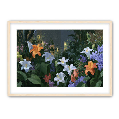 Lit windows beyond the lilies