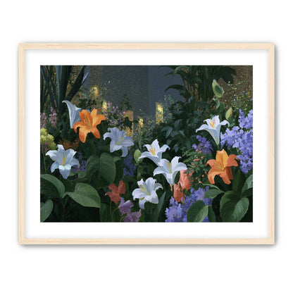 Lit windows beyond the lilies
