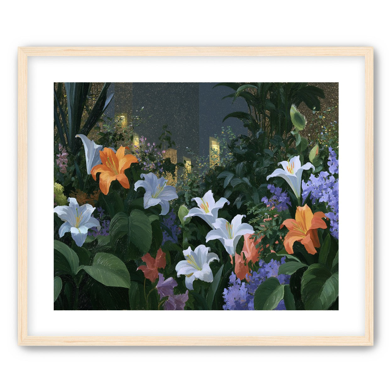 Lit windows beyond the lilies
