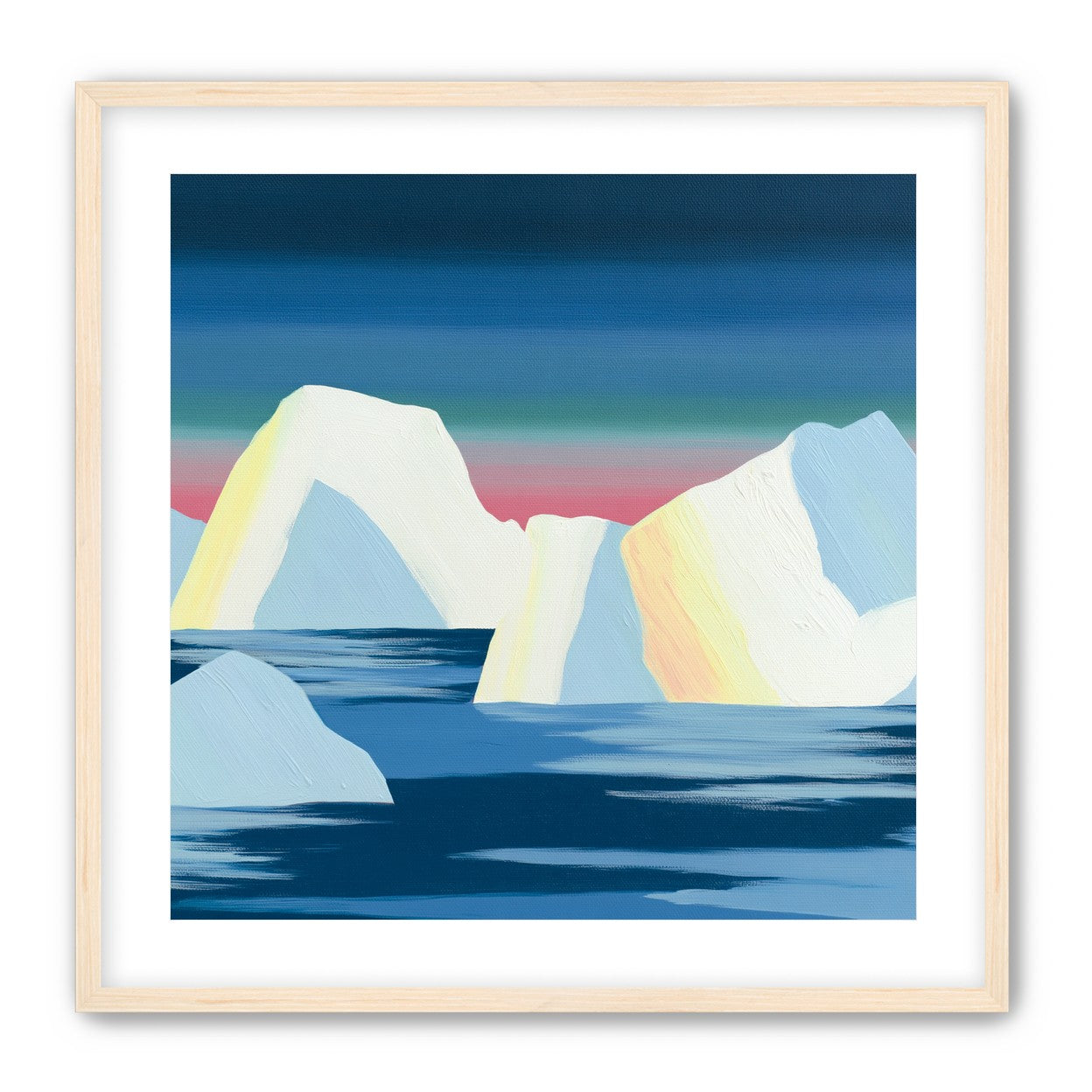Icebergs under a pink banded sky