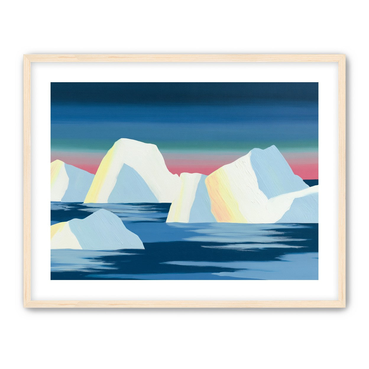 Icebergs under a pink banded sky