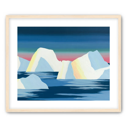 Icebergs under a pink banded sky