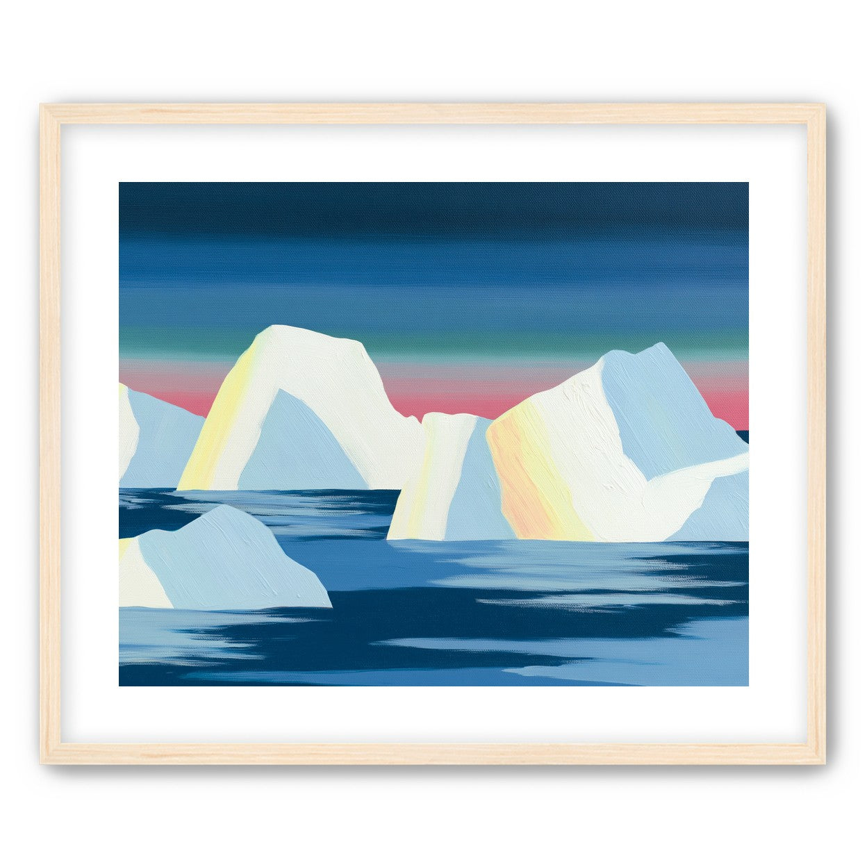 Icebergs under a pink banded sky