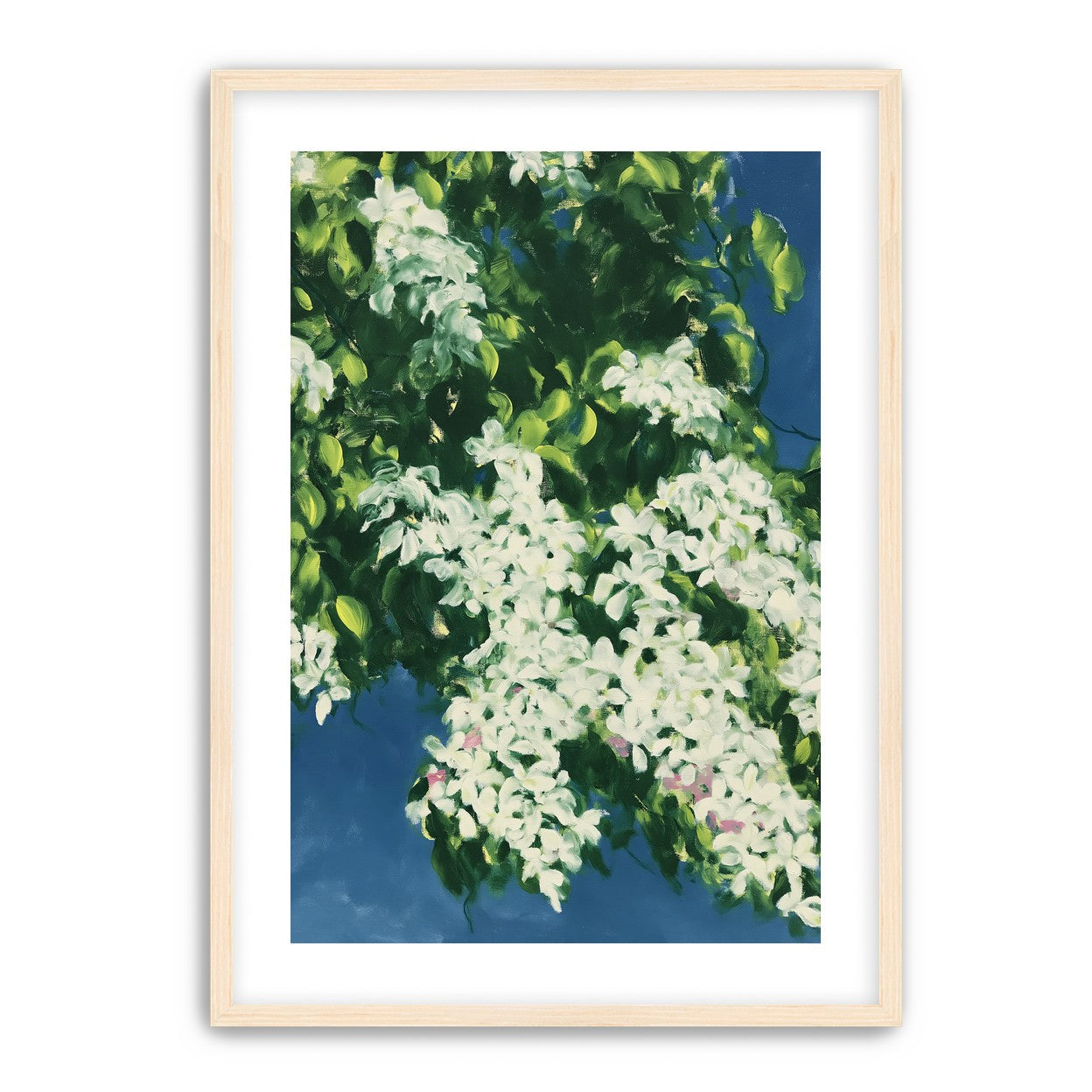 White blossoms on blue field