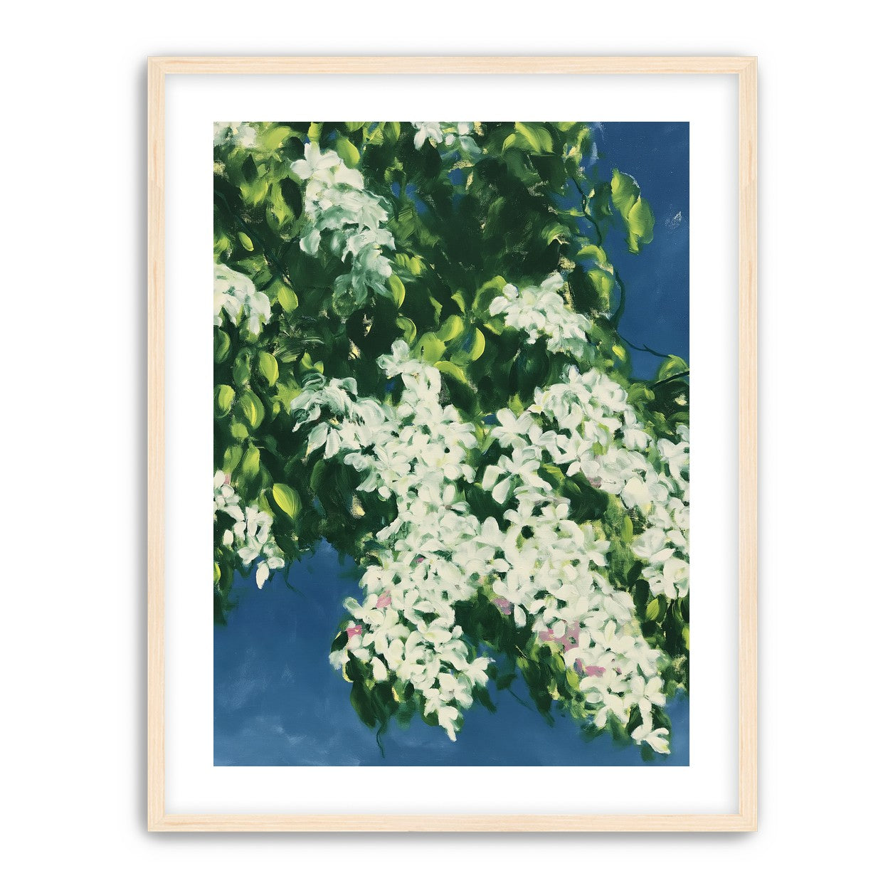 White blossoms on blue field