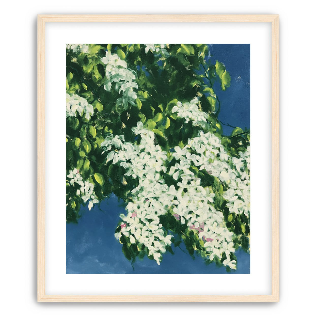 White blossoms on blue field