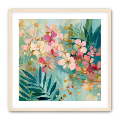 Blossoms over teal leaves