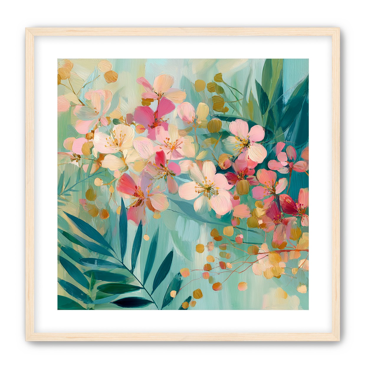 Blossoms over teal leaves