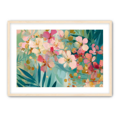 Blossoms over teal leaves