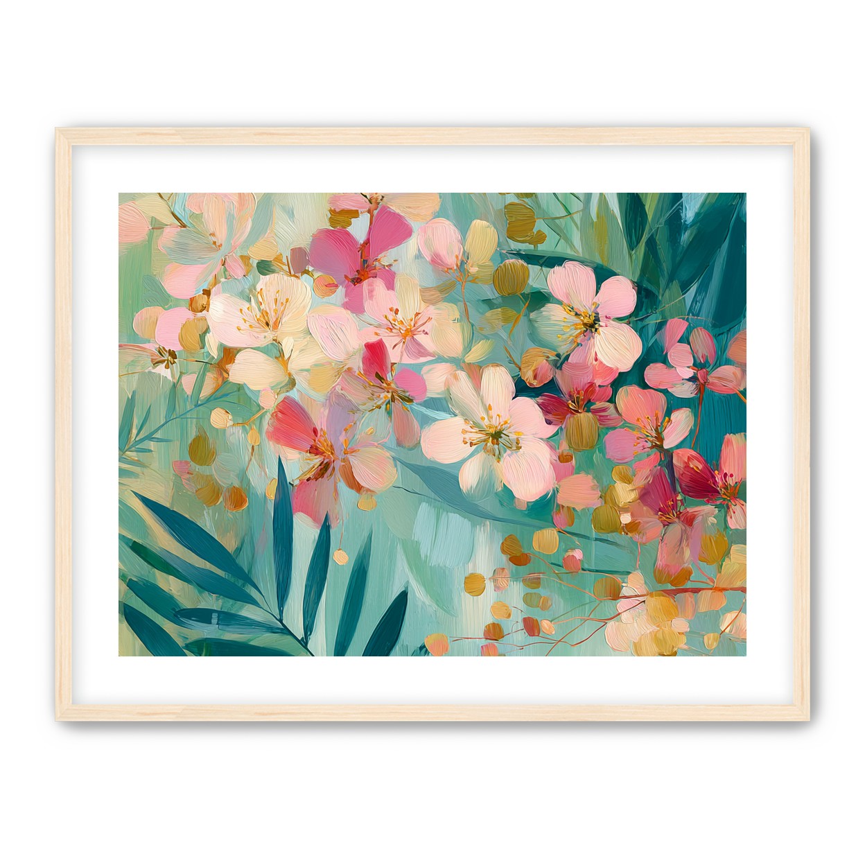 Blossoms over teal leaves