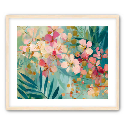 Blossoms over teal leaves