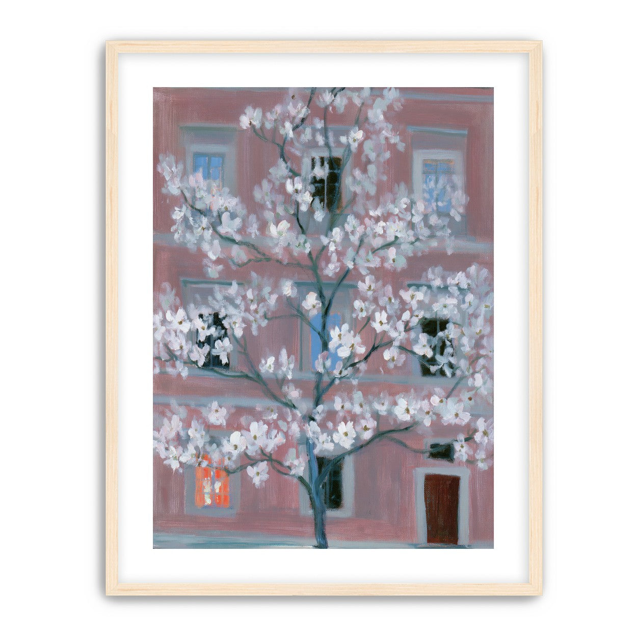 White blossoms against the pink house