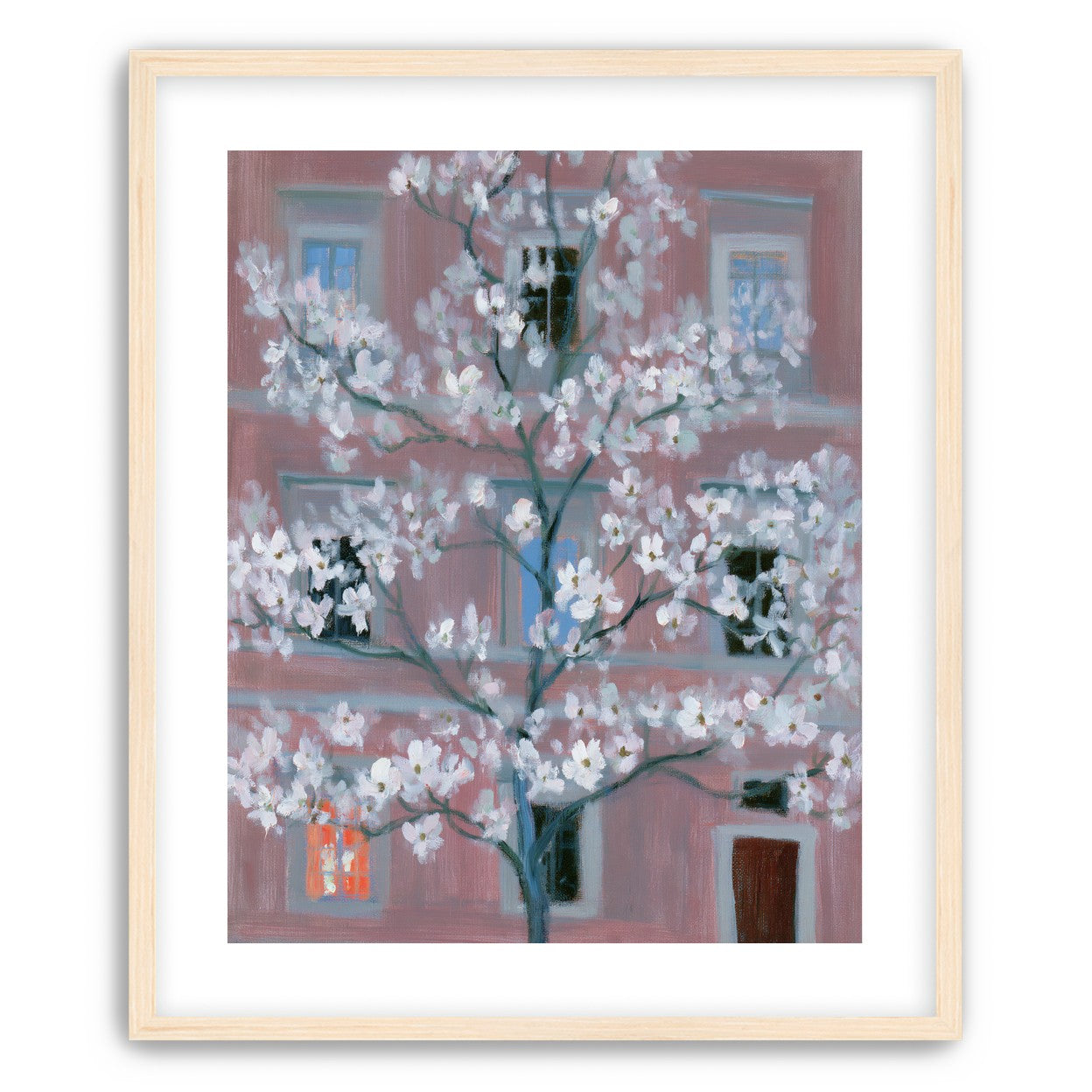 White blossoms against the pink house