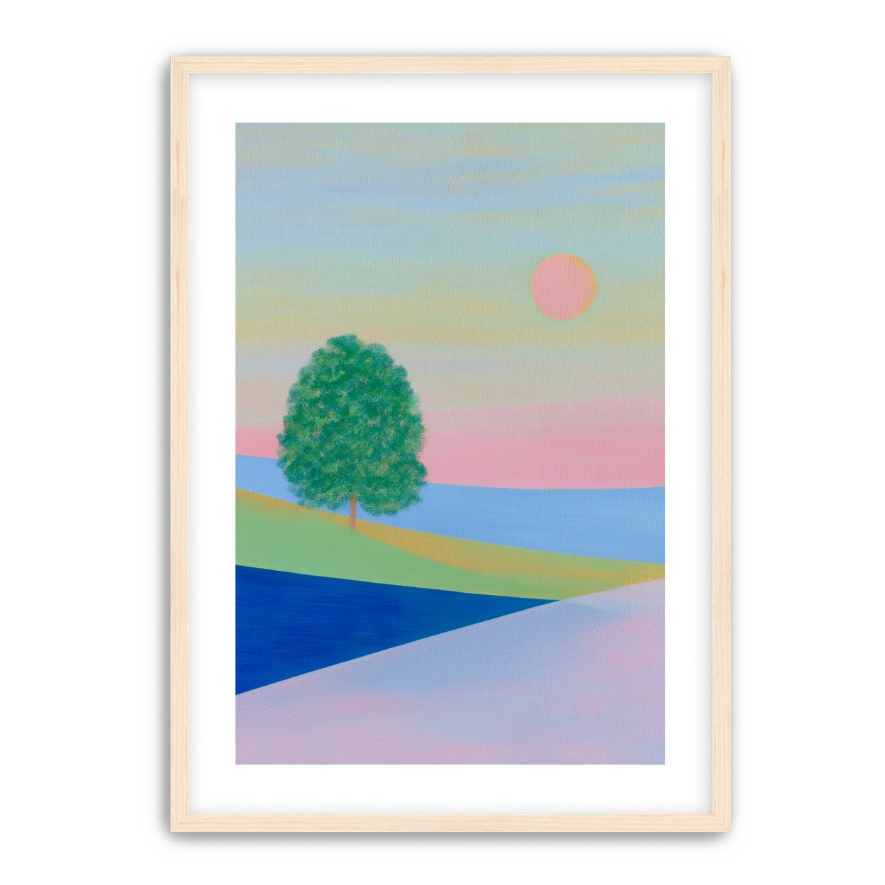 Pink sun over striped hills