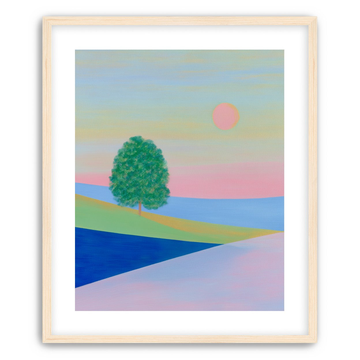 Pink sun over striped hills