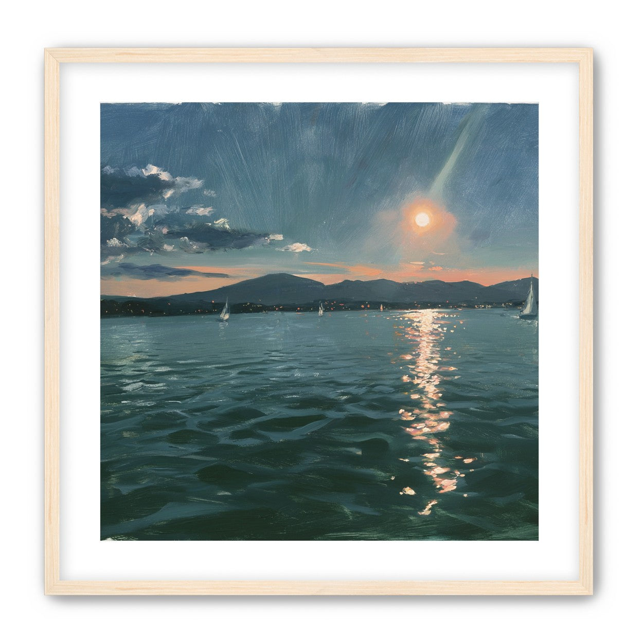 Peach sun on blue water