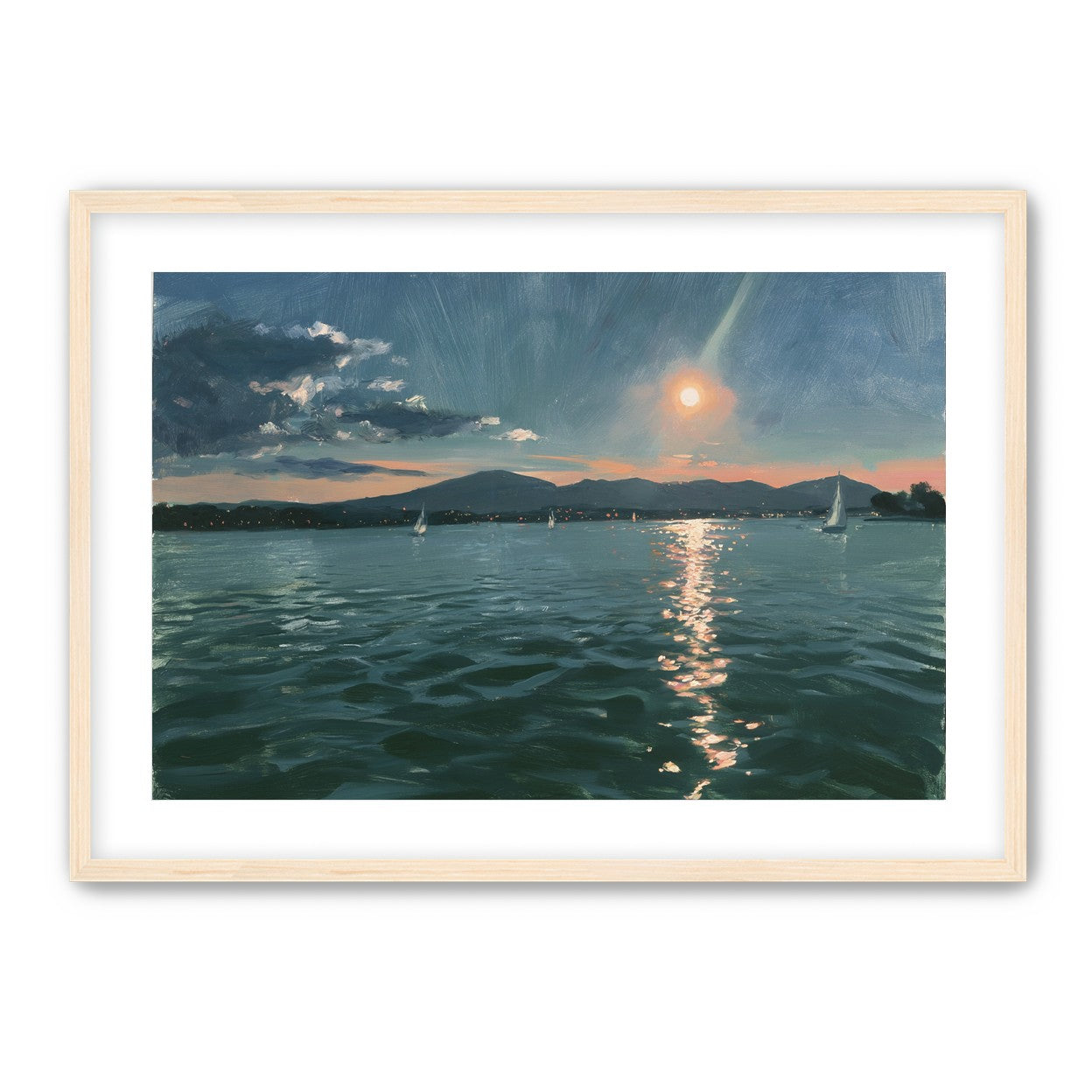 Peach sun on blue water