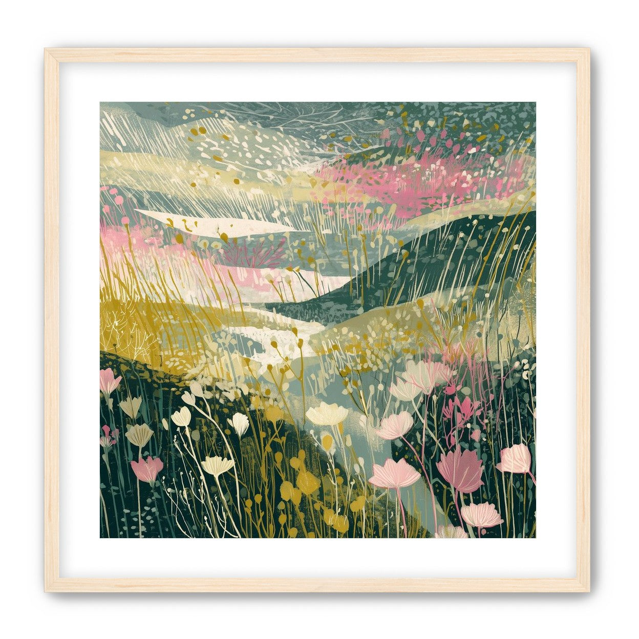 Wildflowers across layered hills