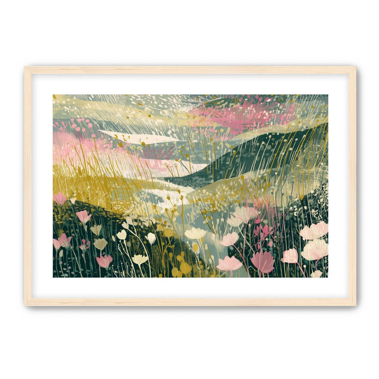 Wildflowers across layered hills
