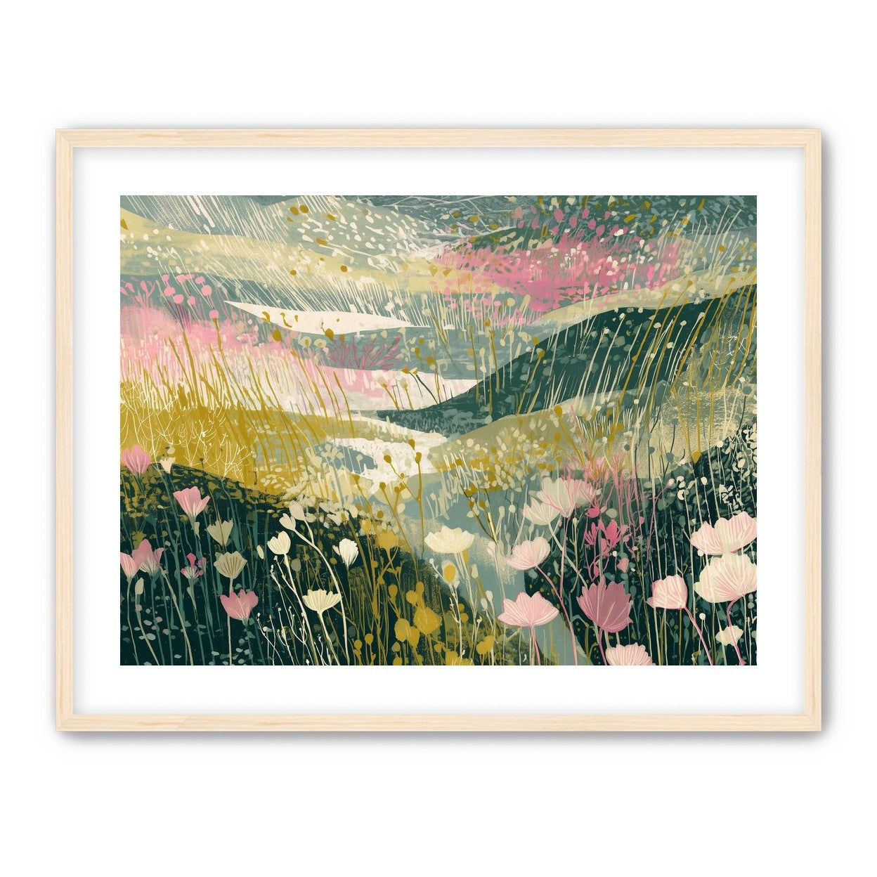 Wildflowers across layered hills