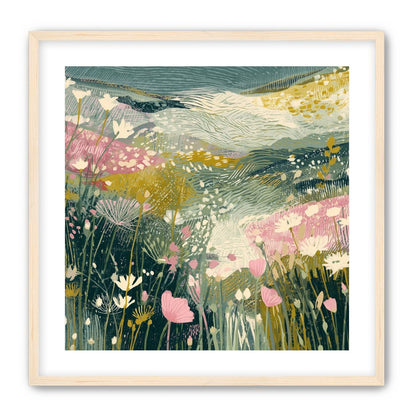 Teal sky over pink meadow