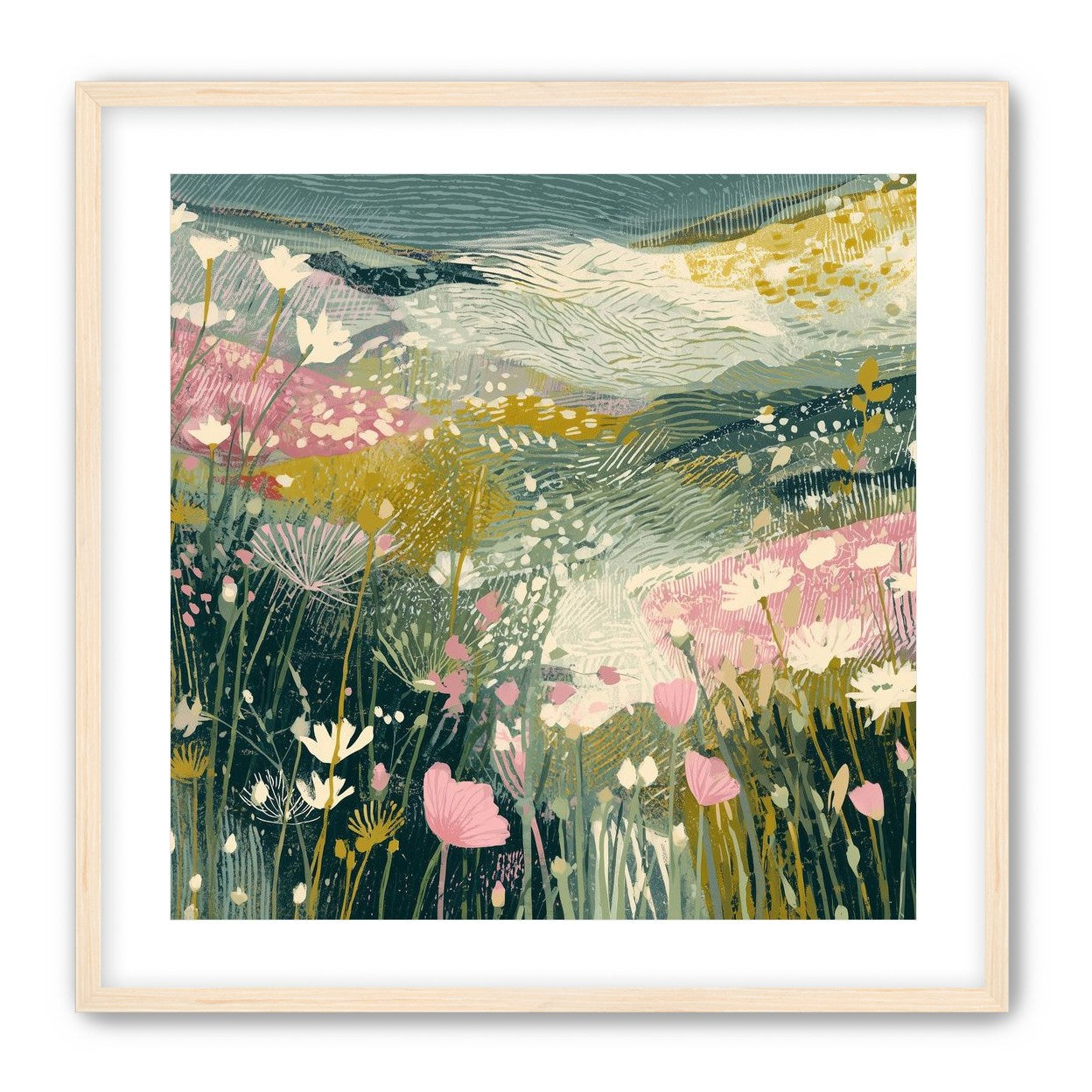 Teal sky over pink meadow