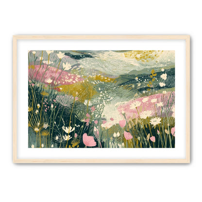 Teal sky over pink meadow