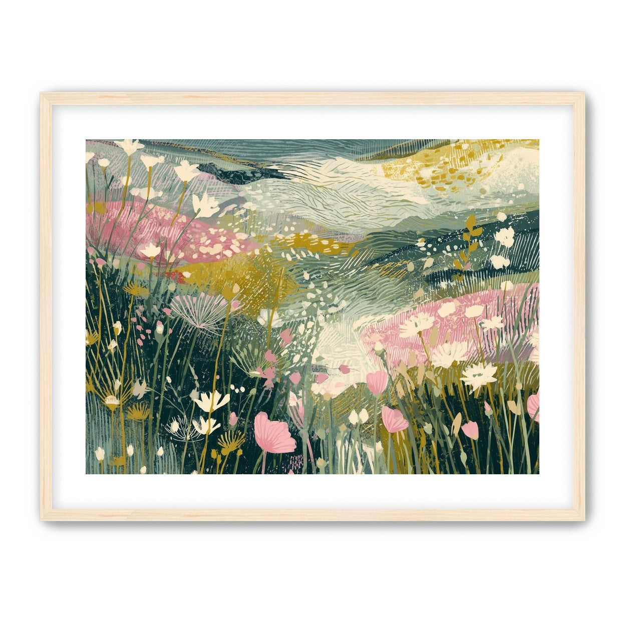 Teal sky over pink meadow