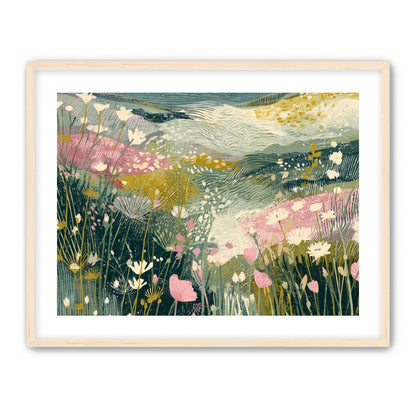 Teal sky over pink meadow