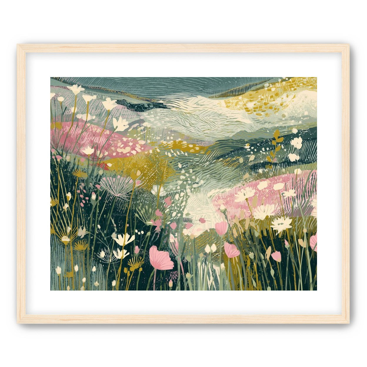 Teal sky over pink meadow