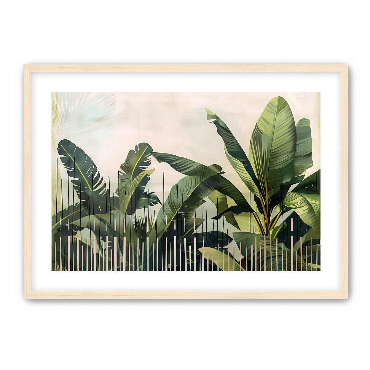 Tropical leaves behind black bars