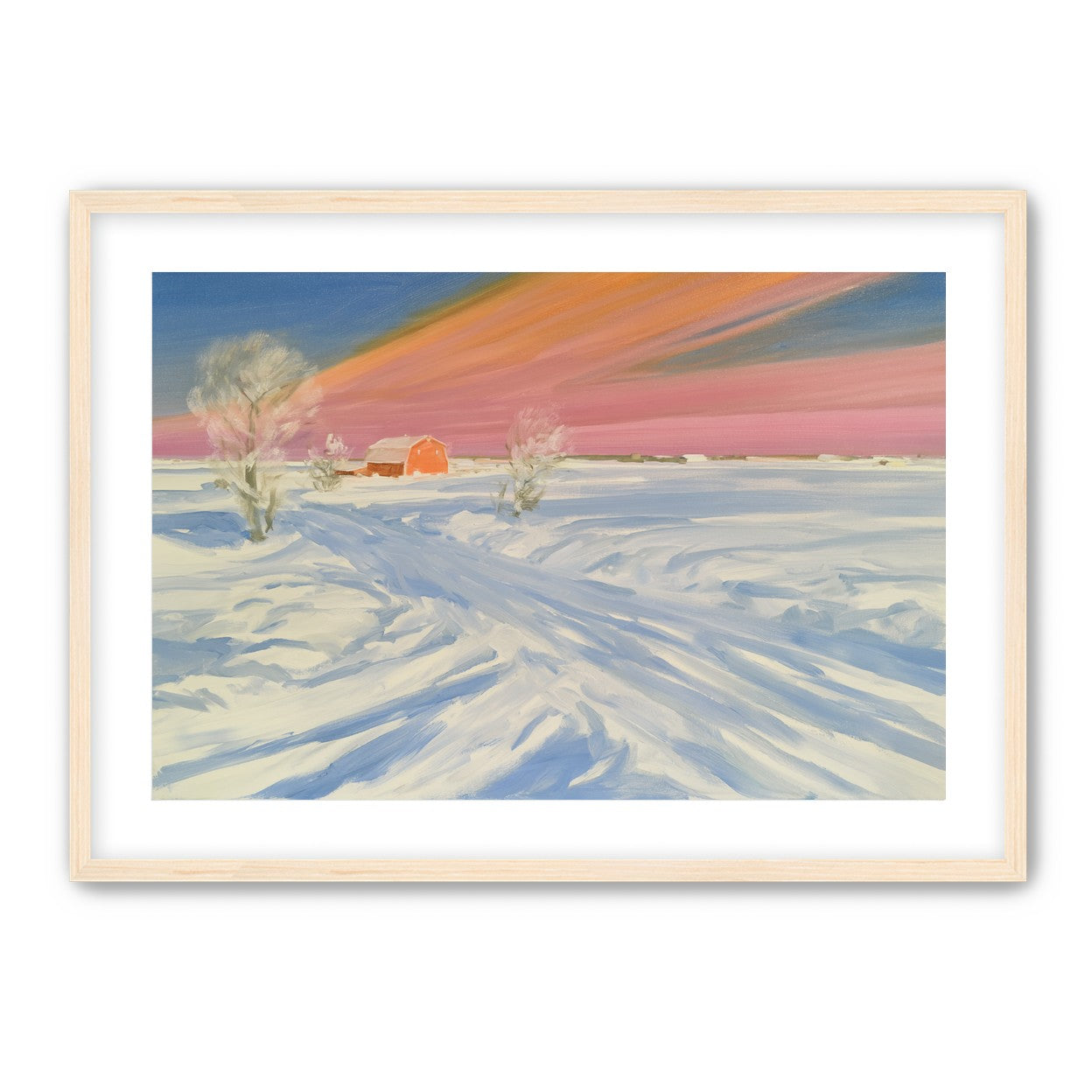 Pink sky over the red barn