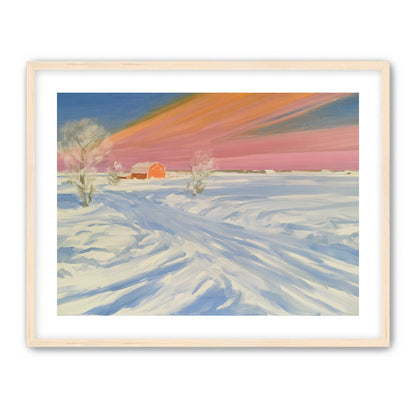 Pink sky over the red barn