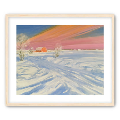 Pink sky over the red barn