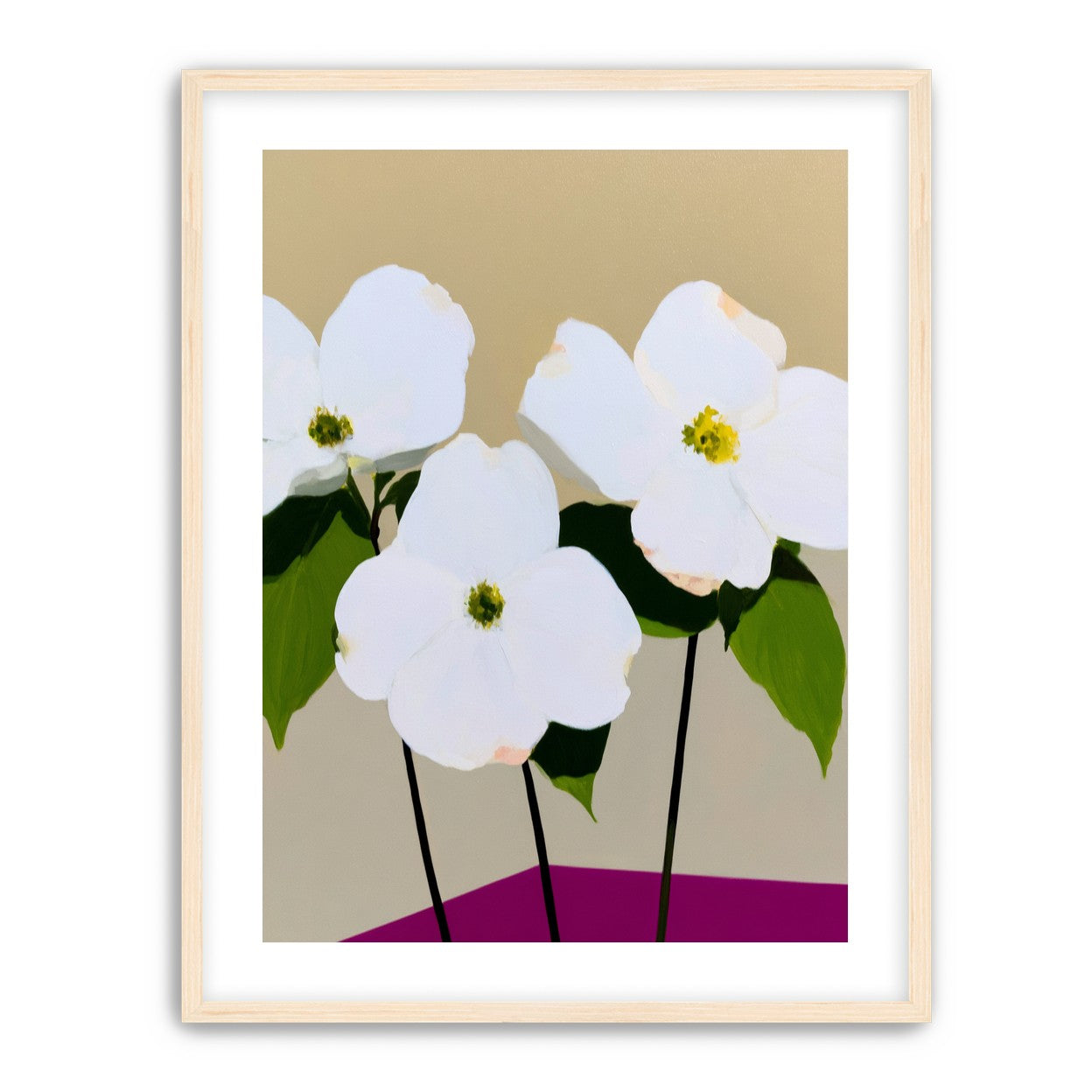 Three white flowers above purple