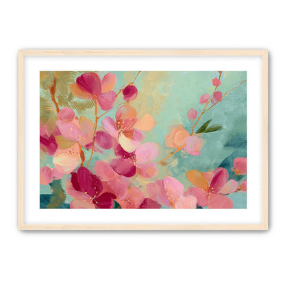 Pink blossoms drifting through teal
