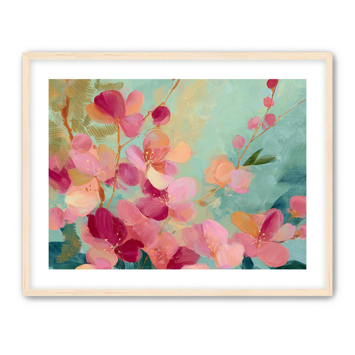 Pink blossoms drifting through teal