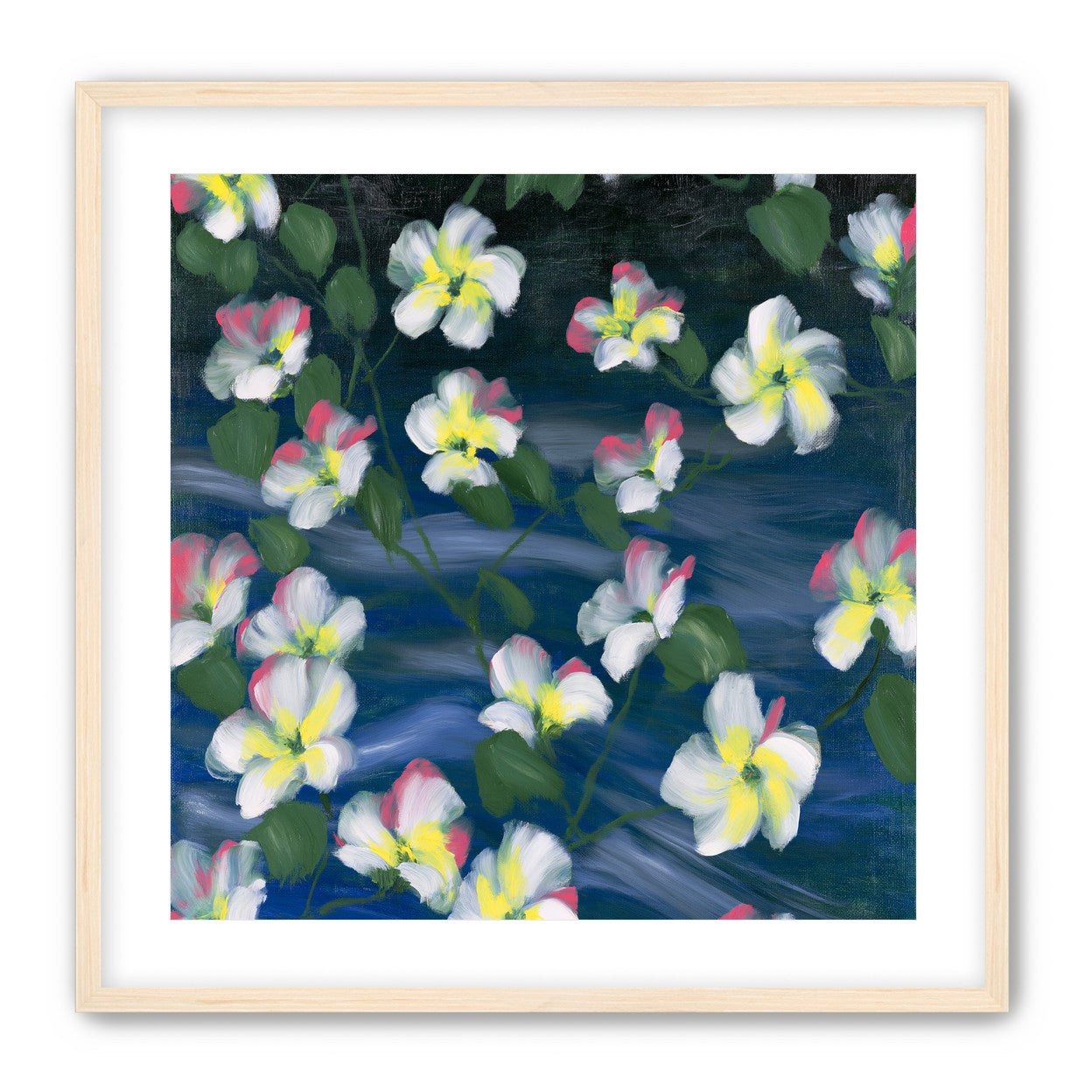 White flowers across deep blue
