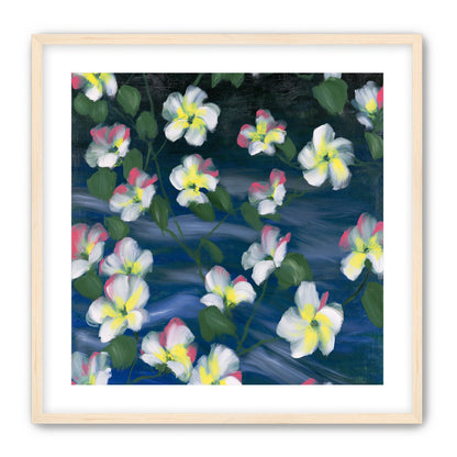 White flowers across deep blue