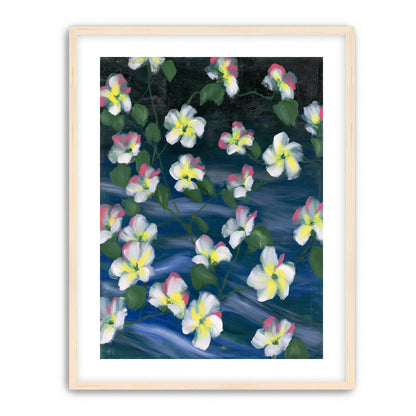 White flowers across deep blue