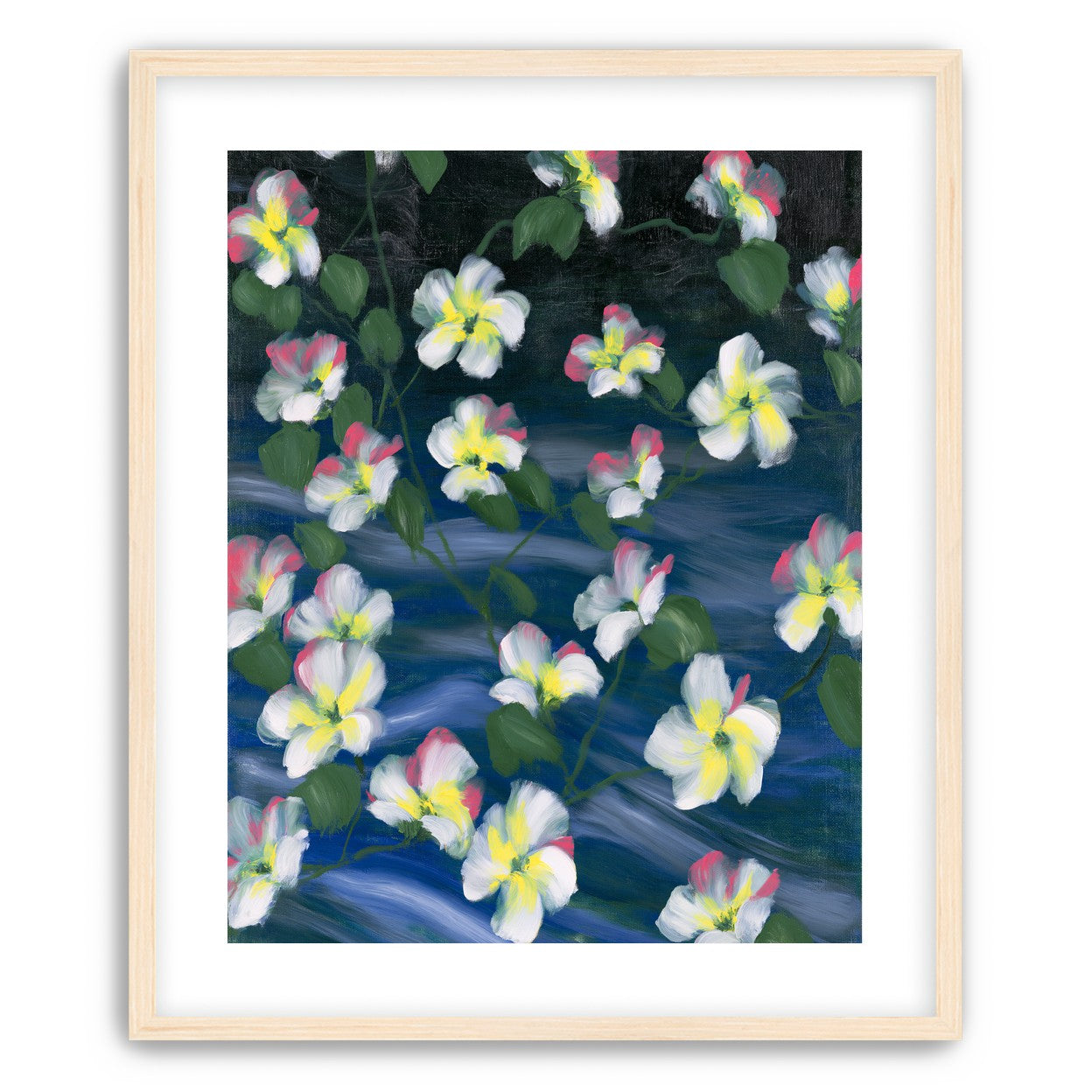 White flowers across deep blue