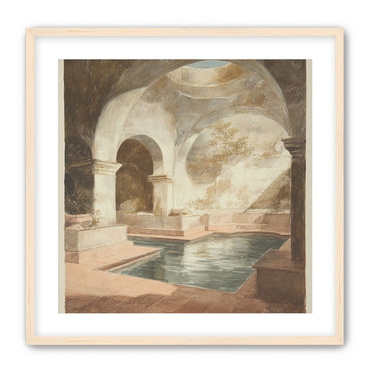 Courtyard pool beneath pale arches