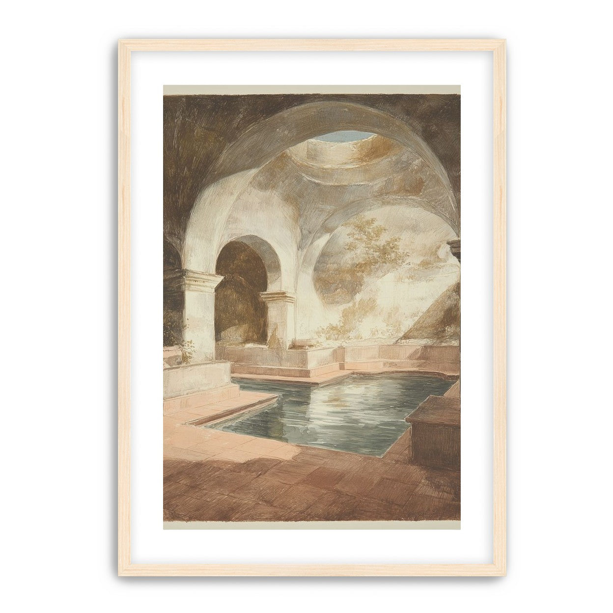 Courtyard pool beneath pale arches