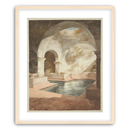 Courtyard pool beneath pale arches