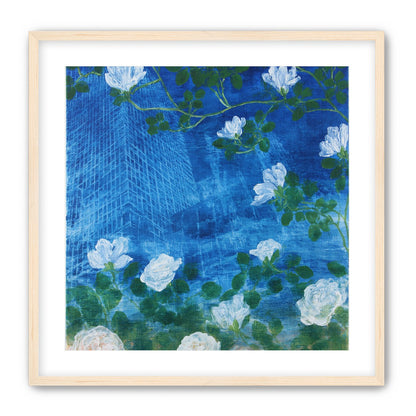 White blossoms on cobalt blue