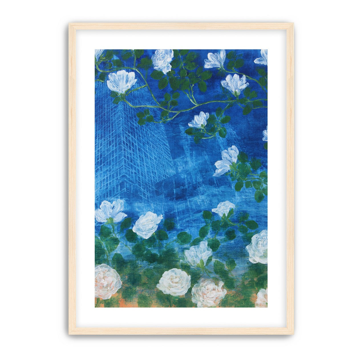 White blossoms on cobalt blue
