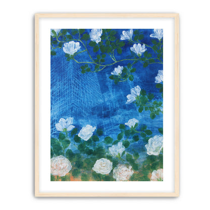 White blossoms on cobalt blue